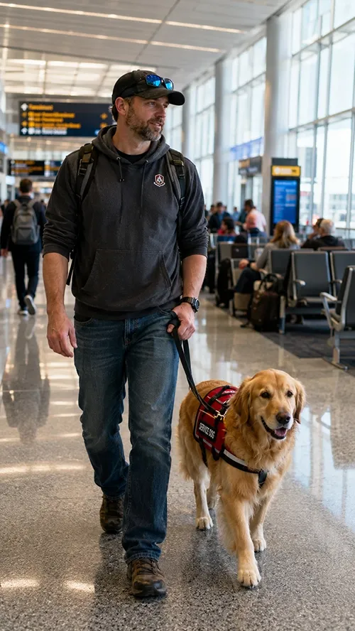 Man with service dog walking through airport terminal